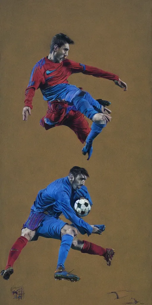 Prompt: messi tackling a blue demon surrounded by roteiro balls by Zdzisław Beksiński, football nike