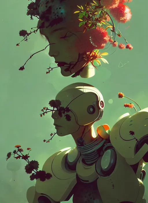 Prompt: illustrated by satoshi kon and greg rutkowski, a cyborg in some plants with flowers and berries for a face, 6 0's retro sci - fi flat surreal design