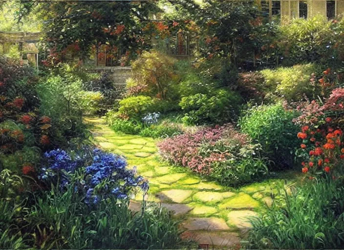 Prompt: oil painting by james gurney of a secret garden, some edges lost, high contrast, subtle tones, calm, serene landscape, beautiful detailed garden painting