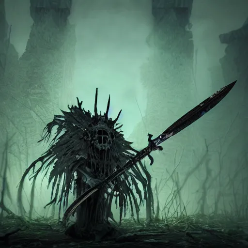 Image similar to 3D model of a (creepy sentinel king) wielding the (mythical) (blade) of the ruined king, (abandoned) (ruins), terror, digital art, destruction, the (void,) ominous vibes, green crown glowing, fear, very detailed, evil, smoke, trending on artstation, intricate details, high definition, 16k, Artstation, by John Wallin Libert