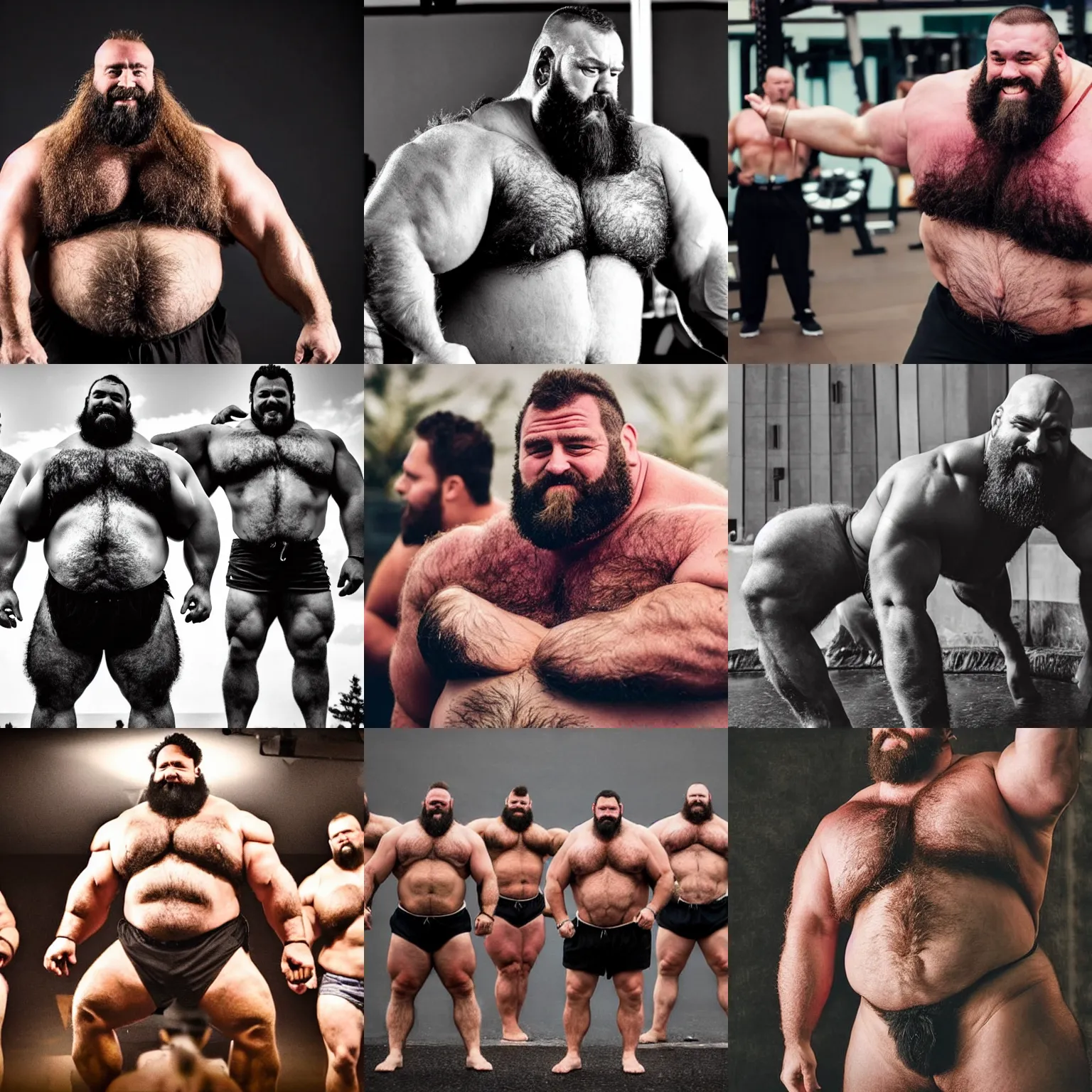 Prompt: big burly hairy thick strongmen worshiping their own muscles and strong bodies, photography, dad energy