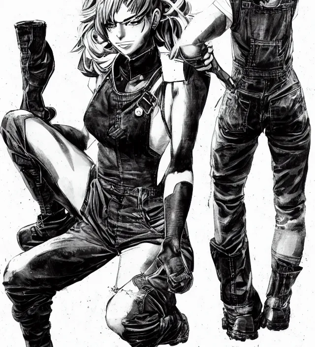 Image similar to full body pose, hd, manga anime portrait of a beautiful woman in combat boots and overalls, in ishikawa ken frank miller jim lee alex ross style detailed trending award winning on flickr artstation,