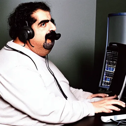 Image similar to obese Frank Zappa wearing a headset yelling at his monitor while playing WoW highly detailed wide angle lens 10:9 aspect ration award winning photography