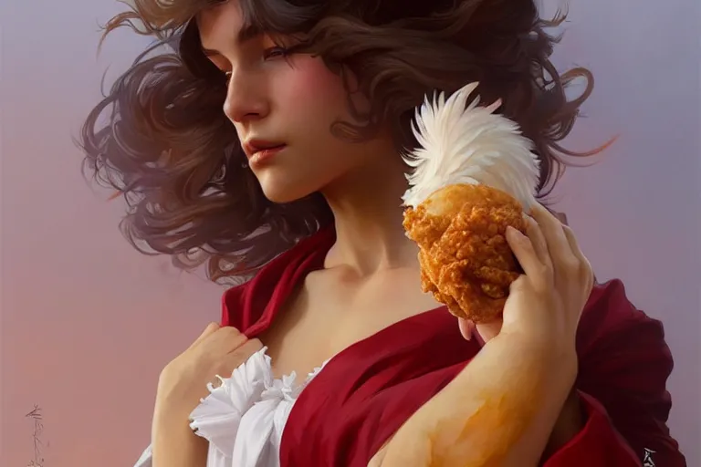 Image similar to kfc chicken, portrait, elegant, intricate, digital painting, artstation, concept art, smooth, sharp focus, illustration, art by artgerm and greg rutkowski and alphonse mucha