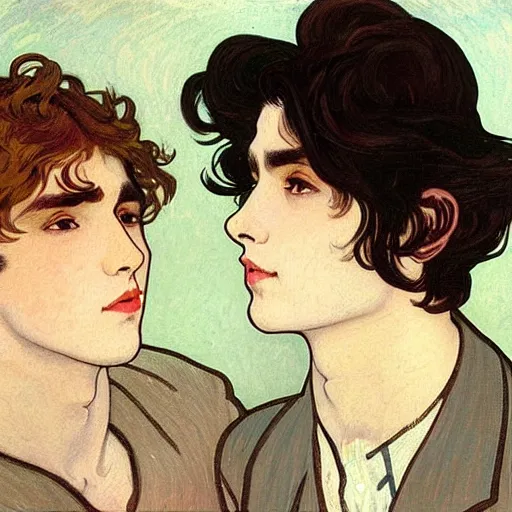 Image similar to painting of young cute handsome beautiful dark medium wavy hair man in his 2 0 s named shadow taehyung and cute handsome beautiful min - jun together at the halloween! party, bubbling cauldron!, candles!, smoke, autumn! colors, elegant, wearing suits!, clothes!, delicate facial features, art by alphonse mucha, vincent van gogh, egon schiele