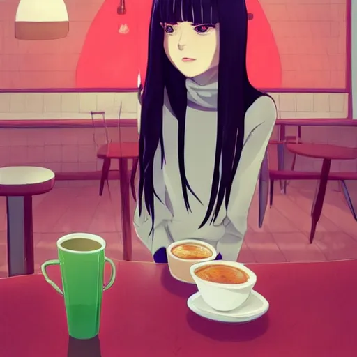 Prompt: a portrait of a beautiful girl with long black hair and bangs, wearing a red turtleneck sweater, she has red colored eyes and pale skin, sitting in a cafe alone, cozy cafe background, night time, low-key neon lighting, official media, anime key visual, makoto shinkai, ilya kuvshinov, lois van baarle, rossdraws, highly detailed, trending on artstation