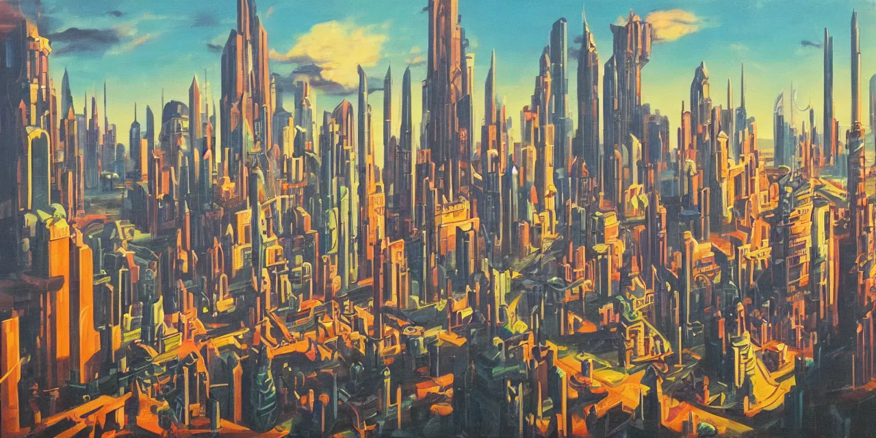 Image similar to Cityscape from an adventure game theme of wizards of science (oil paint on canvas, art deco era)