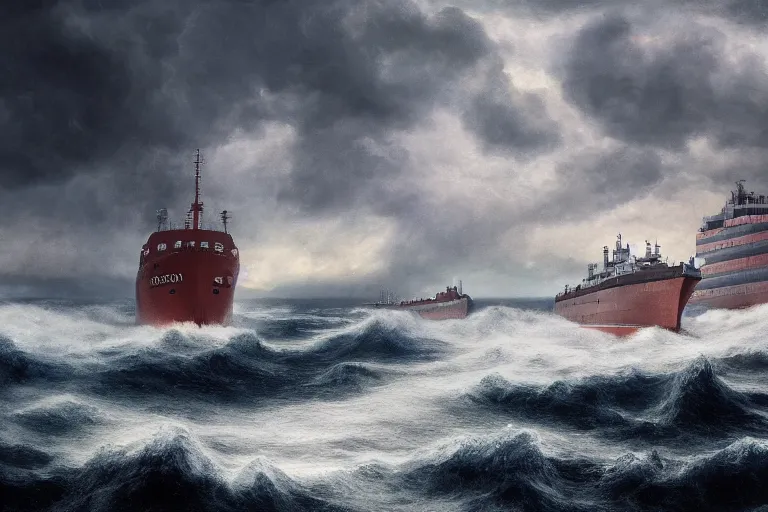 Image similar to merchant ship fleet in a storm, in the style of vernon grant and chris van allsburg, raging stormy sea, trending on artstation, bright tilt - shift camcorder effect, photoshop, retrowave, hyperrealism, octane, sharp focus, masterpiece