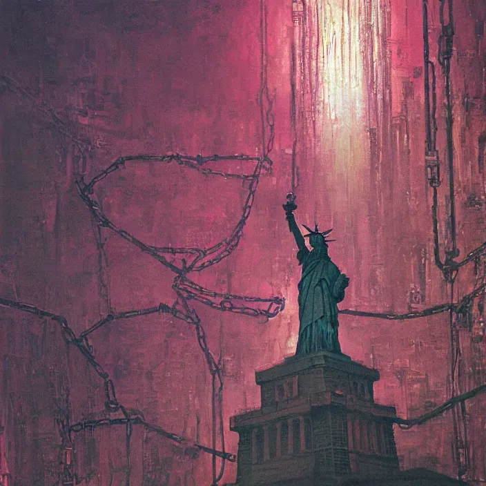 Image similar to statue of liberty in long large chains in underground city, red and purple palette, volume light, fog, by ( h. r. giger ) and paul lehr