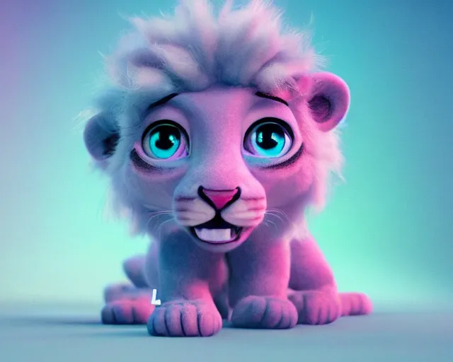 Image similar to a cute baby lion, big eyes, soft fur texture, pastel colours, colorful, glitter crystals, cute, pixar animation style, detailed, soft light, octane render, 4 k,