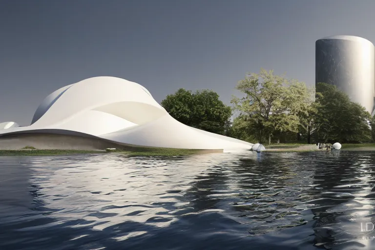 Prompt: a building formed by the cross combination and fusion of 2 0 white spherical and egg shaped spaces of different sizes, on the calm lake surface, people's perspective modern curved architecture, future, wood, marble, metal award winning, highly detailed 4 k art, dusk, unreal engine highly rendered, global illumination, radial light, internal environment by kazuyo sejima