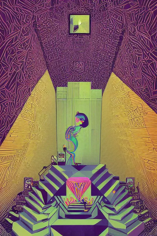 Image similar to a drawing of a room with a staircase, psychedelic art, op art, isometric, voxel art, poster art by victo ngai, ori toor, kilian eng, behance contest winner, crystal cubism, poster art, cubism, tarot card, psychedelic art, concert poster, poster art, maximalist