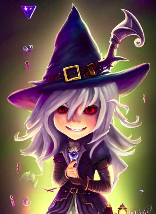 Prompt: a portrait of girl magician, witch hat, silver magic, smiling, fantasy, magic portal background, dungeons and dragons, an ultrafine detailed painting, chibi, detailed painting, boris valejo. octopath traveler decal!!!