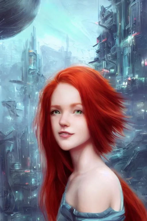 Image similar to beautiful cute red haired joyful and playful nineteen year old young girl standing up in casual green clothing, long hair, futuristic city, rpg character, sci - fi, fantasy, intricate, elegant, digital painting, artstation, concept art, smooth, 8 k frostbite 3 engine, ultra detailed, art by artgerm and greg rutkowski and magali villeneuve