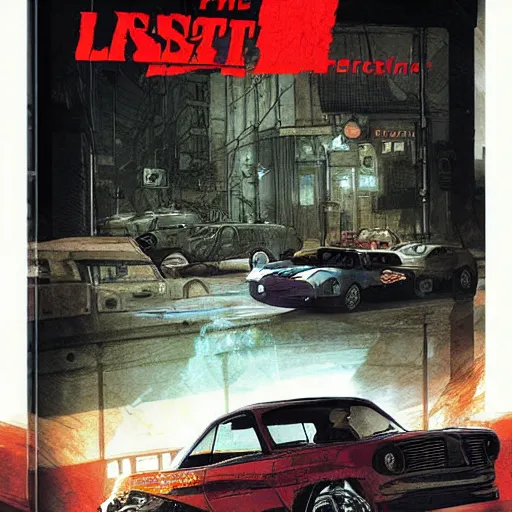 Prompt: The Last Car, game poster printed on playstation 2 video game box , Artwork by Akihiko Yoshida, cinematic composition