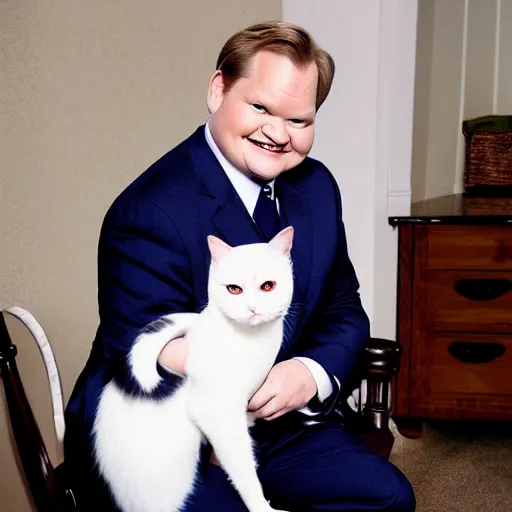 Image similar to Andy Richter wearing a blue dress shirt necktie navy dress pants sitting in a chair petting a calico cat