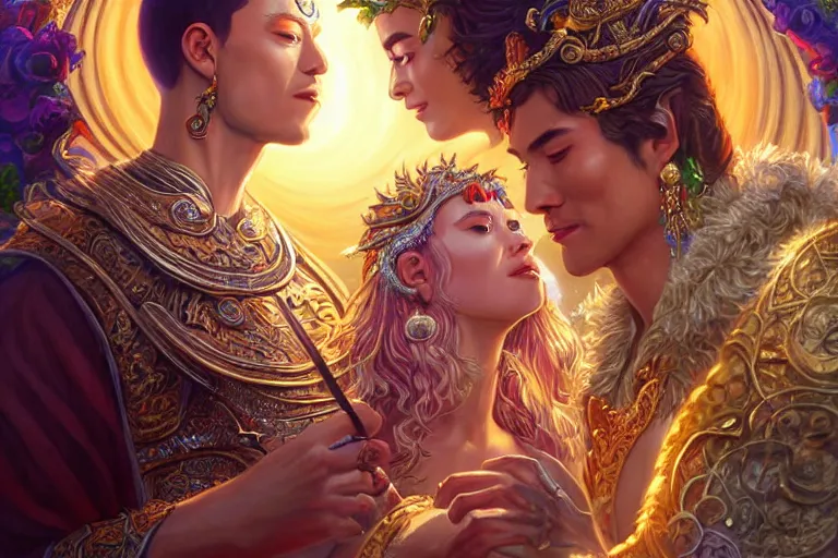 Image similar to close up moment of a divine a sun god and a moon goddess lovers magician at a wedding banquet, highly detailed, d & d, fantasy, highly detailed, digital painting, trending on artstation, concept art, sharp focus, asian feature, illustration, art by artgerm and daniel gerhartz and magali villeneuve