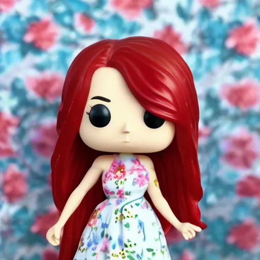 Prompt: skinny 19 year old white girl with long red hair in a flowery sundress, funko pop, highly detailed photo closeup sharp photo