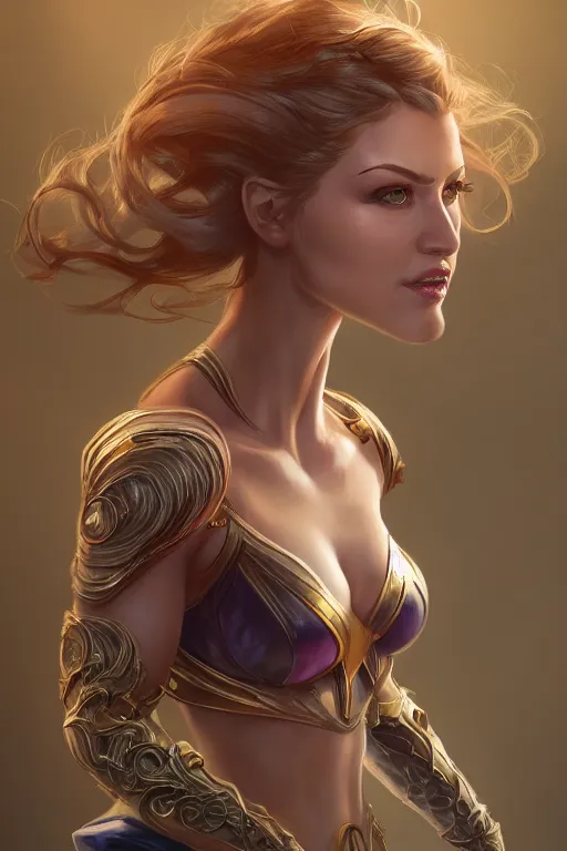 Image similar to three-quarters portrait pose of a beautiful woman, strong body,super heroine costume, human super powers, fantasy, intricate, elegant, highly detailed, digital painting, artstation, concept art,shining, sharp focus,D&D, illustration, art by Stanley Lau