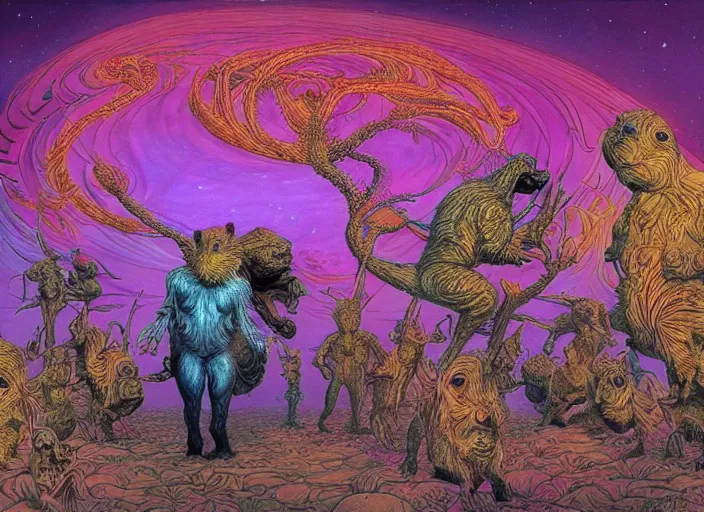 Image similar to psychedelic art of hamsters meeting god, in the style of michael whelan and james gurney and wayne barlowe