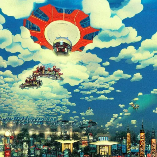 Prompt: a theme park in the clouds, by satoshi kon