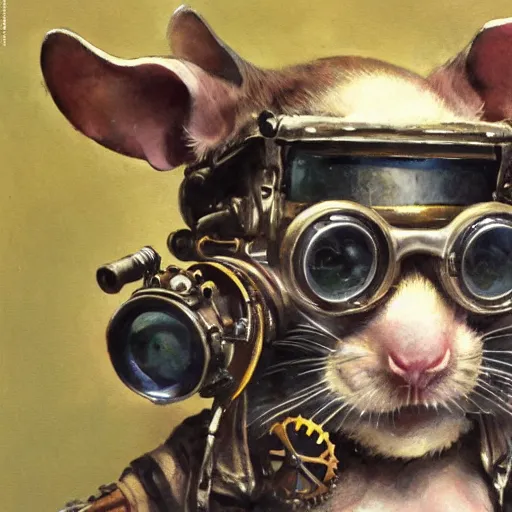 Image similar to a rat with steampunk googles, by John Berkey