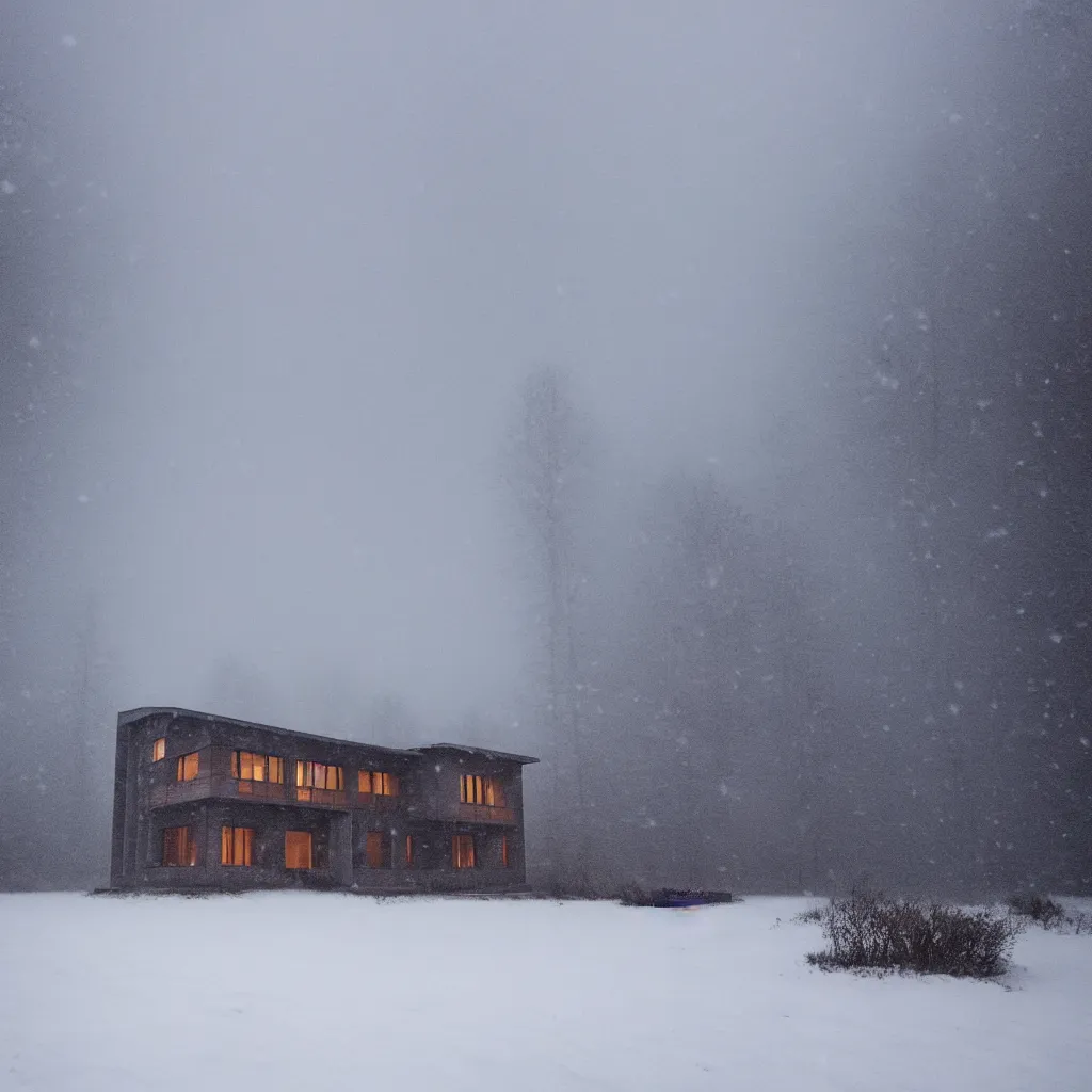Prompt: landscape with brutalistic soviet architecture style house, near foggy forest and small pond, dark winter evening, snowing, strong, blizzard, atmospheric, mystical, very detailed 4 k, professional photography