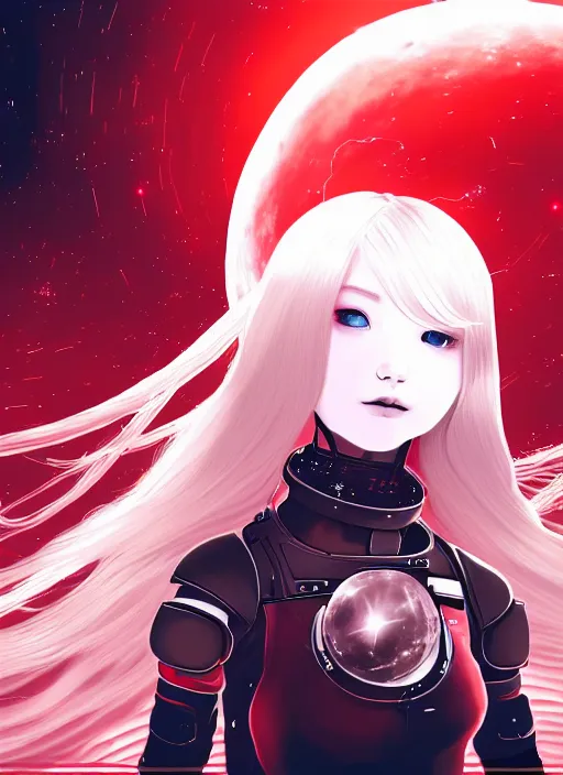 Prompt: highly detailed portrait of a hopeful pretty astronaut lady with a wavy blonde hair, by Brian Lee O'Malley, 4k resolution, nier:automata inspired, bravely default inspired, vibrant but dreary but upflifting red, black and white color scheme!!! ((Space nebula background))
