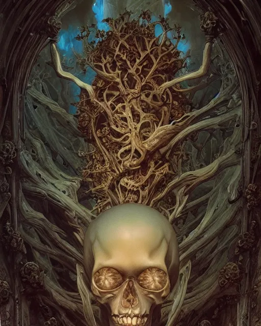 Image similar to a beautiful detailed front view of a dead rotten skull with ornate growing around, ornamentation, baroque architecture, elegant, beautifully soft lit, by wayne barlowe, peter mohrbacher, kelly mckernan