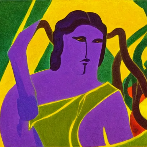 Prompt: oil on masonite painting by aaron douglas of a scene from greek mythology of medusa, green yellow and purple