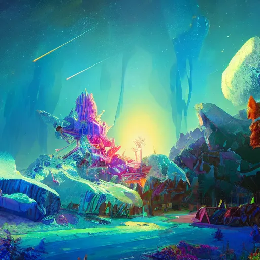 Image similar to Gigantic meteorite crashes into magic world planet, Bright colors, fantastic landscape, hyperrealism, no blur, 4k resolution, ultra detailed, style of Anton Fadeev, Ivan Shishkin, John Berkey