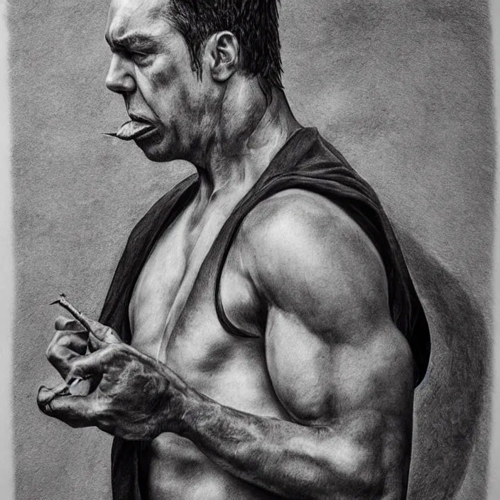 Prompt: portrait of till Lindemann. Detailed pencil drawing. trending on artstation, very coherent symmetrical artwork. He's eating a tomato. He cosplays thanos. cinematic, hyper realism, high detail, iridescent accents