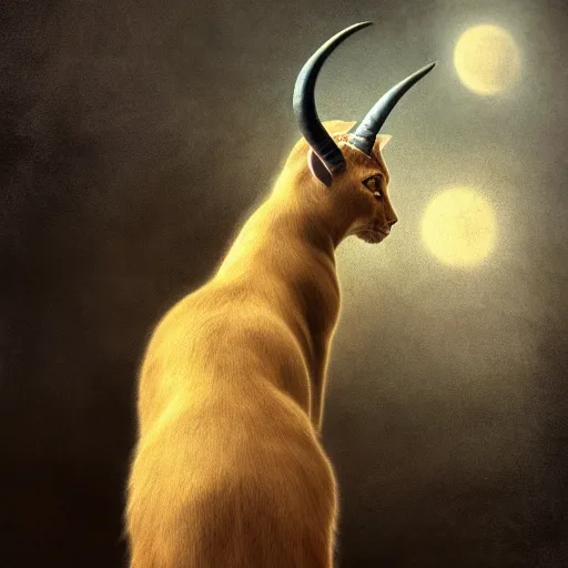 Prompt: a standing cat that has goat horns, anthropomorphic cat wearing dark robes, matte oil painting, by leonardo da vinci, eldritch, magical, fog, noble, full body portrait, extremely detailed, cult, ritual, 4 k, 8 k