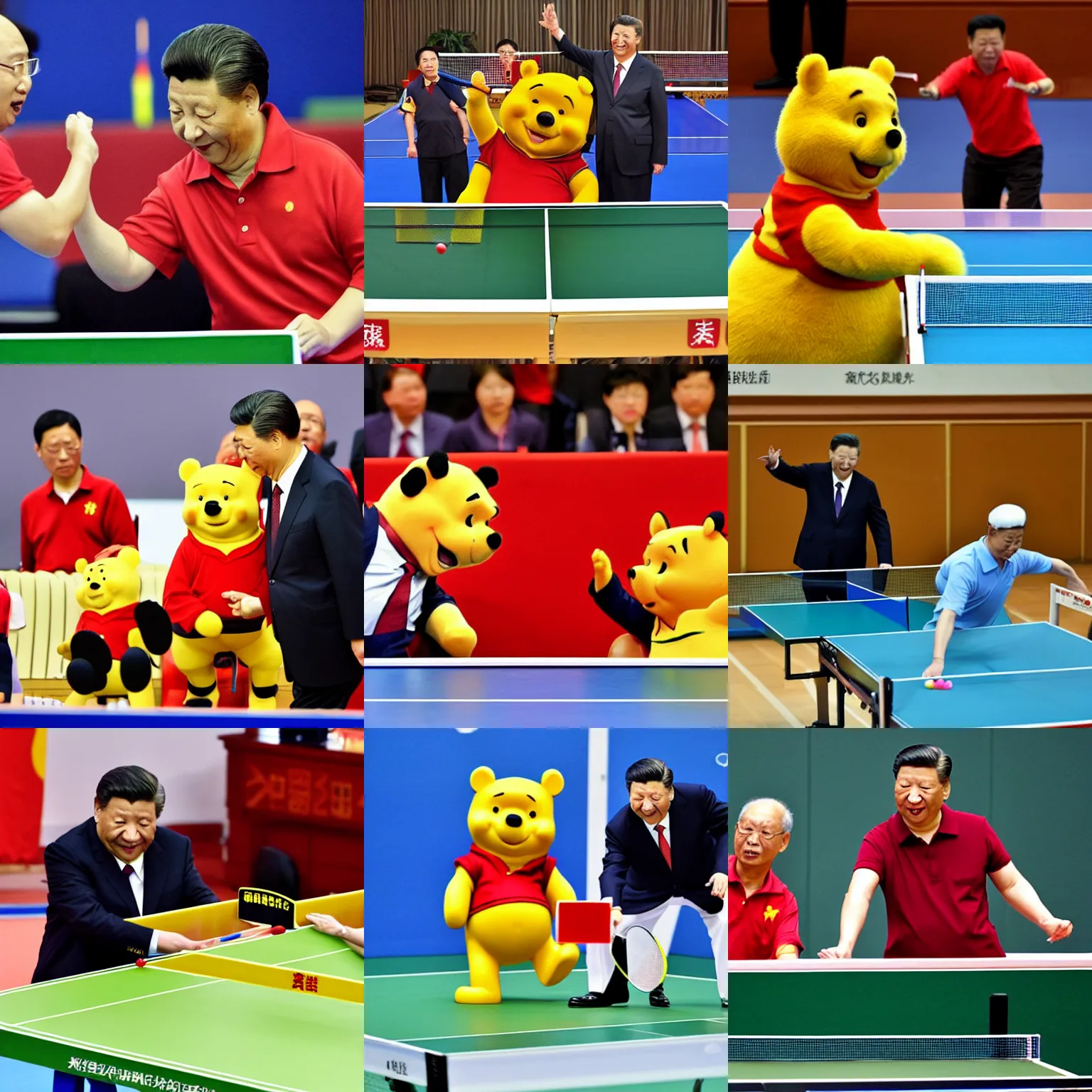 Prompt: xi jinping and winnie the pooh playing tabletennis