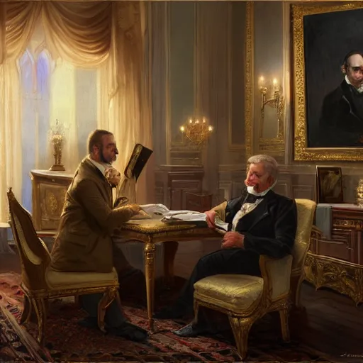 Prompt: Mr president, i have a letter, 1865, digital painting, artstation, concept art, donato giancola, Joseph Christian Leyendecker, WLOP, Boris Vallejo, Breathtaking, 8k resolution, extremely detailed, beautiful, establishing shot, artistic, hyperrealistic, octane render, cinematic lighting, dramatic lighting, masterpiece, light brazen, extremely detailed and beautiful face