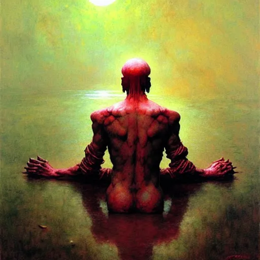 Image similar to the crimson moon shatters far above, a placid cross legged figure floating above pond by craig mullins, ruan jia, liang mark, beksinski, wayne barlowe, peter gric, jama jurabaev