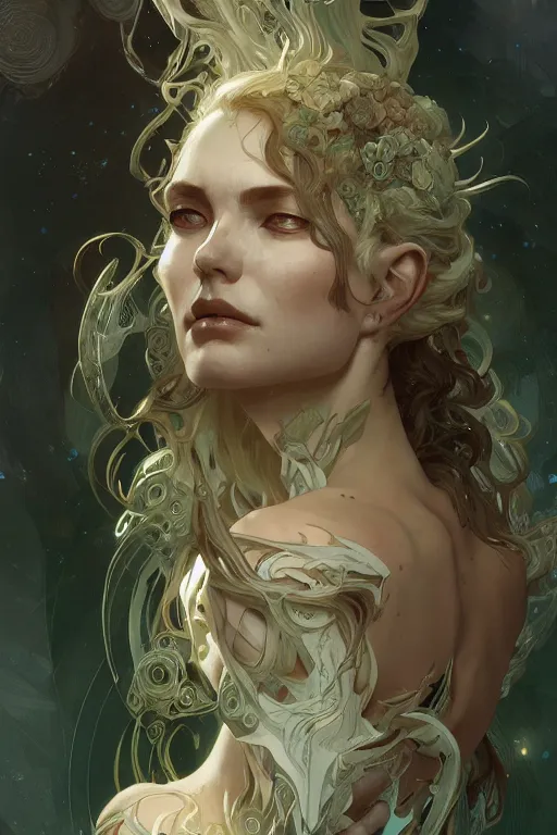 Image similar to A full portrait of a scifi nordic dryad, intricate, elegant, highly detailed, digital painting, artstation, concept art, smooth, sharp focus, illustration, art by Krenz Cushart and Artem Demura and alphonse mucha