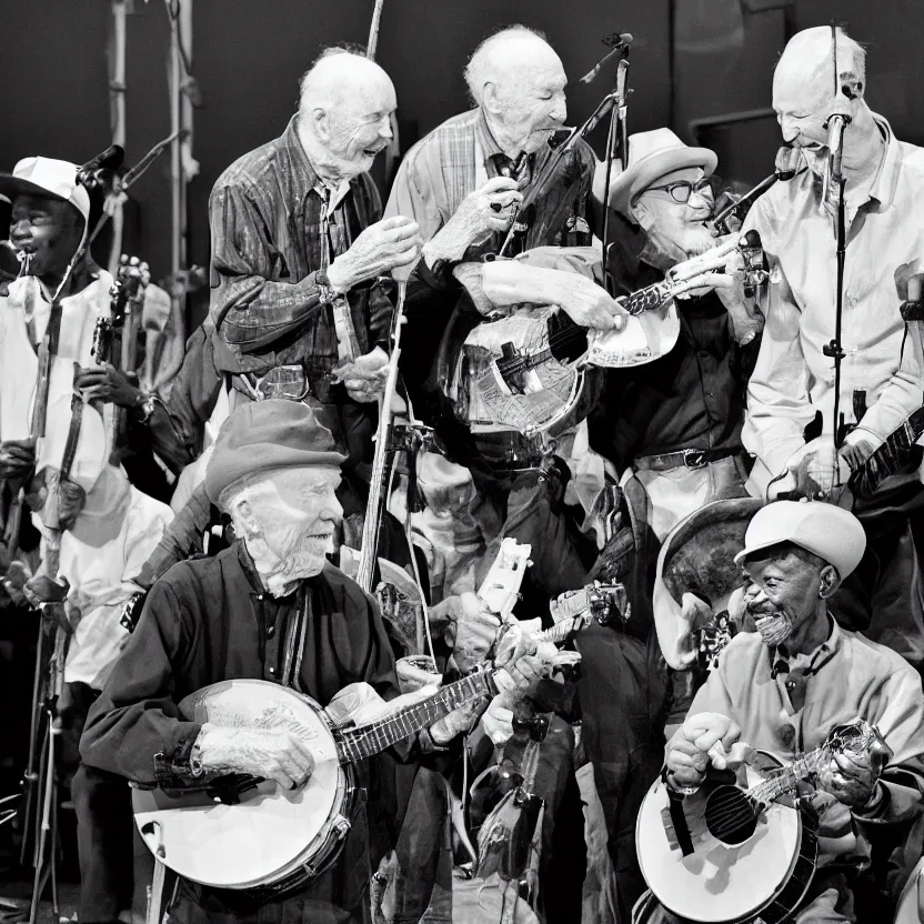 Image similar to black and white photo of 9 0 year old pete seeger playing a banjo and singing with lil nas x who is also playing a banjo - award winning