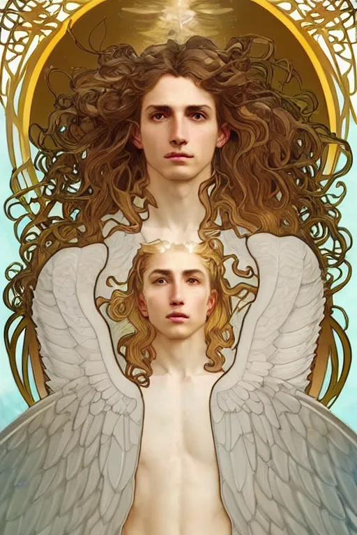 Image similar to symmetrical, beautiful young fit male angel with curly blond hairs, dressed with fluent clothes, majestic wings, luminous halo, by greg rutkowski and alphonse mucha, d & d character, gradient white to gold, in front of an iridescent background, highly detailed portrait, digital painting, artstation, concept art, smooth, sharp focus ilustration, artstation hq