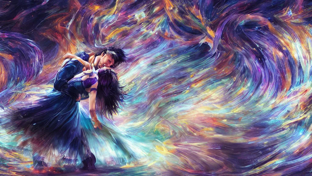 Prompt: a detailed painting of two people dancing togheter inspired by yoshitaka amano enveloped in trails of colorful animal ghosts floating around them. clean painting, realistic and auora lighting. dark blue and intense purple color palette, art by kuvshinov ilya, 8 k