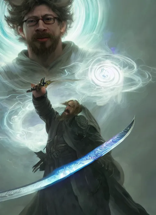 Image similar to close-up of character concept portrait of an Sam Hyde wizard conjuring a violent void multiversal spell, a floating iridescent blade sword of chaos from God of War in the center, intricate, elegant, digital painting, concept art, smooth, sharp focus, illustration, from Metal Gear, by Ruan Jia and Mandy Jurgens and William-Adolphe Bouguereau, Artgerm