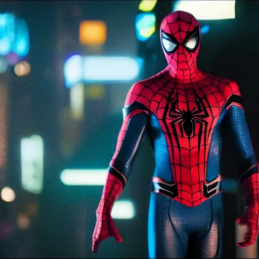Image similar to a film portrait still of spider - man from a gritty cyberpunk 2 0 0 0 s james cameron movie about spider - man. realism, cinematic lighting, 4 k. 8 mm. grainy. panavision.
