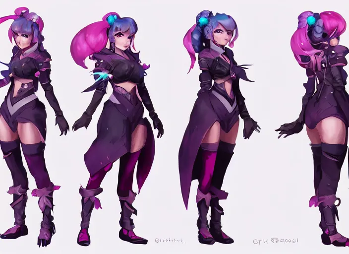 Image similar to character sheet for a beautiful and cute girl for genshin impact by greg rutkowski, black to light pink fade hair, genshin impact style, overwatch style, sorcerer magic witch, longsword, digital art, trending on artstation, hd, 8 k, highly detailed, good lighting, beautiful, masterpiece