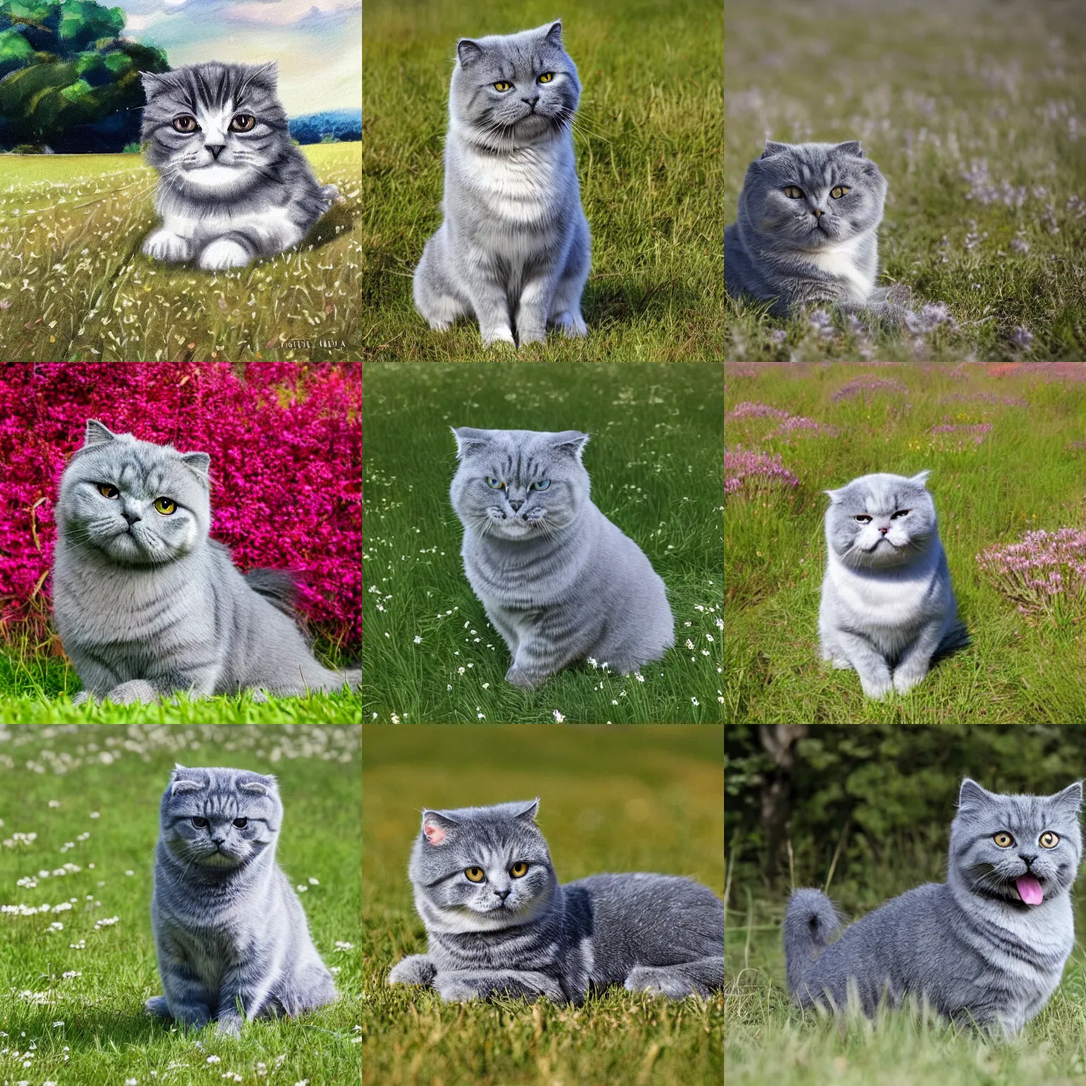 Prompt: a gray scottish fold sitting in the middle of sunny meadow, colored, by makoto yukimura