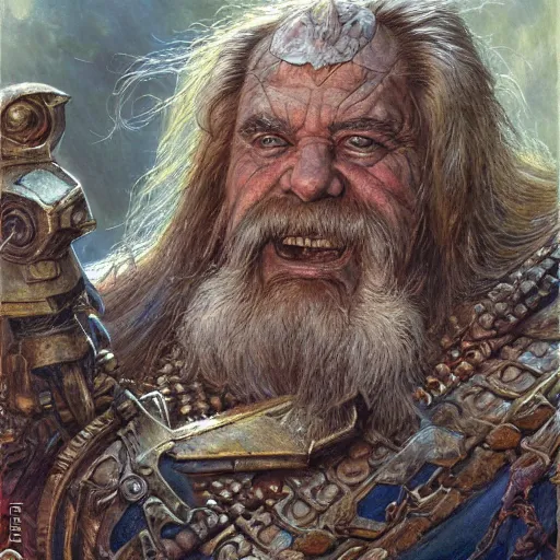 Image similar to art by donato giancola and bayard wu and gustav moreau and wayne barlowe, a fantasy cinematic close up shot of a dwarf berserker, warhammer, dnd, last stand