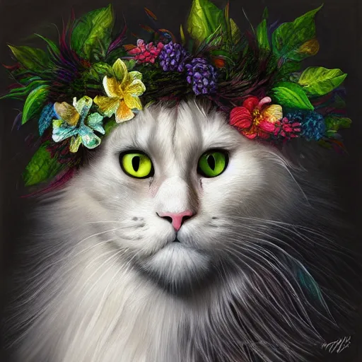 Image similar to oil painting portrait of a long haired fluffy black Cat wearing flower crown and lei necklace on tropical island background digital Art, concept Art, highly detailed, 3-D 4K, trending on art station, Mark Brooks,