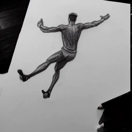 Image similar to a drawn man want flying. pencil sketch.