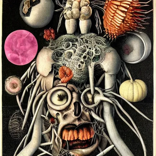 Image similar to post - punk new age album cover, magic, apocalypse, psychedelic, psychonaut, black white pink, magic, giger h. r., giuseppe arcimboldo