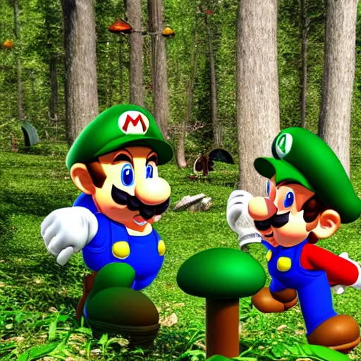 Image similar to mario and luigi eating mushrooms in the forest, photo captured on polarioid