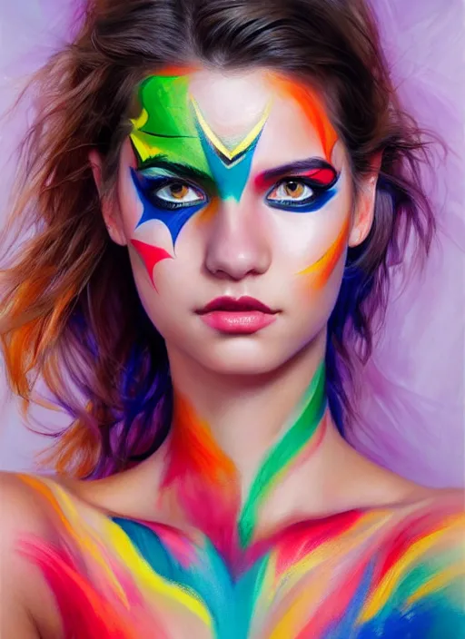 Image similar to full body photo of a gorgeous young woman in the style of stefan kostic, wild colorfully face painting, realistic, sharp focus, 8k high definition, insanely detailed, intricate, elegant, art by stanley lau and artgerm